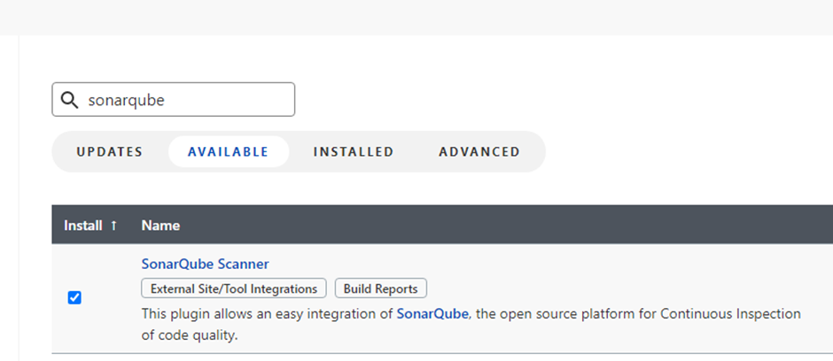 Search for SonarQube Scanner Plugin and install